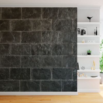 Salón contemporáneo con pared de revestimiento Pizarra Tizon en formato rectangular gris oscuro, acabado mate y textura natural. A la derecha, estantería blanca flotante con decoración, plantas y accesorios.