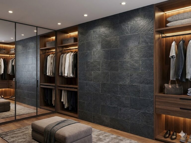 Vestidor de lujo con revestimiento de pared en gres porcelánico grafito Baikal de formato grande, acabado mate con textura de pizarra, combinado con muebles de madera clara iluminados y puertas espejadas.