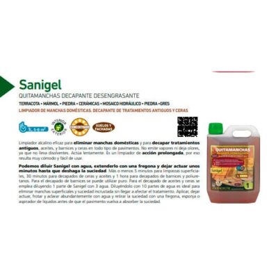 Botella de plástico verde y blanco de Sanigel, limpiador alcalino concentrado para eliminar manchas domésticas en superficies de cerámica, mármol y piedra.