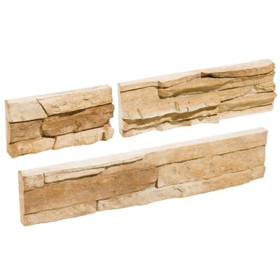 Tres muestras de aplacado de piedra natural con tonos avellana y beige. Piezas irregulares de formato variable apiladas, con textura rugosa y acabado mate caracterísitco de la piedra natural.