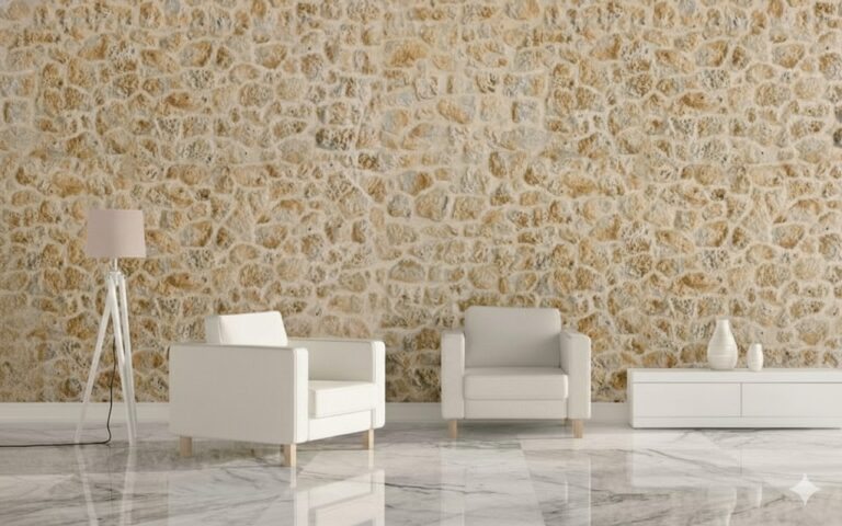 Salón contemporáneo con pared de aplacado piedra natural Timanfaya en tonos marrones cálidos, suelo de mármol blanco y mobiliario tapizado en tonos neutros.