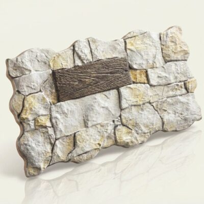 Pieza cerámica rectangular con acabado efecto piedra natural en tonos marfil y beige. Superficie texturizada con vetas irregulares y banda de madera decorativa central, sobre fondo neutro.