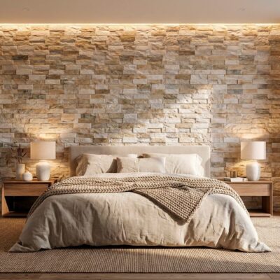 Dormitorio con pared de fondo revestida con azulejo imitación piedra en tonos beige y gris, cama con cabecero tapizado, mesitas de madera integradas con lámparas y textiles en tonos neutros.
