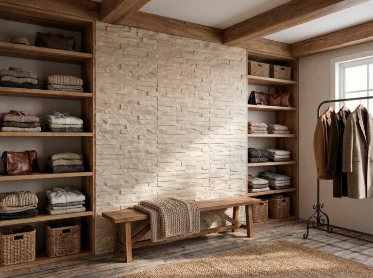 Vestidor con aplacado de pared imitación piedra en tonos crema, estanterías de madera con textiles y accesorios, banco de madera central y barra de ropa metálica lateral.