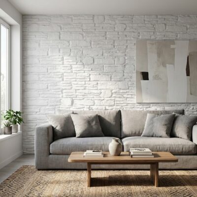 Salón contemporáneo con pared de revestimiento efecto piedra natural en tonos blancos y grises. Sofá gris claro con cojines decorativos, mesa de madera clara, alfombra de fibra natural y plantas verdes complementan el espacio luminoso junto a ventanal.