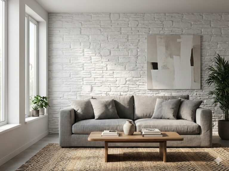 Salón contemporáneo con pared de revestimiento efecto piedra natural en tonos blancos y grises. Sofá gris claro con cojines decorativos, mesa de madera clara, alfombra de fibra natural y plantas verdes complementan el espacio luminoso junto a ventanal.