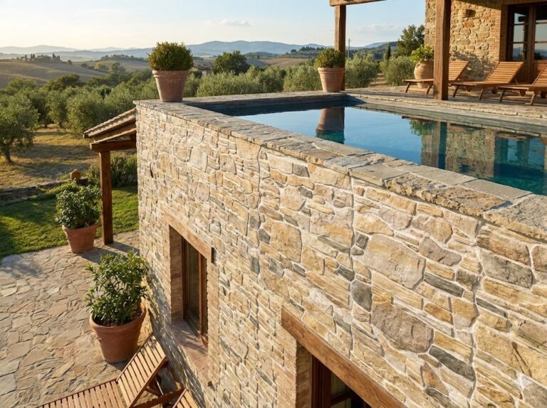 Terraza de lujo con aplacado de hormigón imitación piedra beige en tonos cálidos, piscina de borde infinito reflejando el cielo, y vistas a paisaje de olivares y montañas en Toscana. Tumbona de madera junto a macetas de terracota completan el espacio.