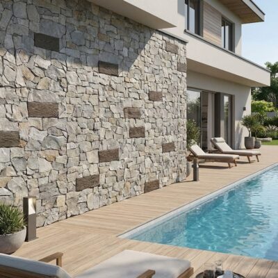 Terraza exterior con aplacado de hormigón imitación piedra gris en tonos neutros, piscina de agua azul, suelo de madera clara, tumbonas de madera y vegetación de jardín al fondo.