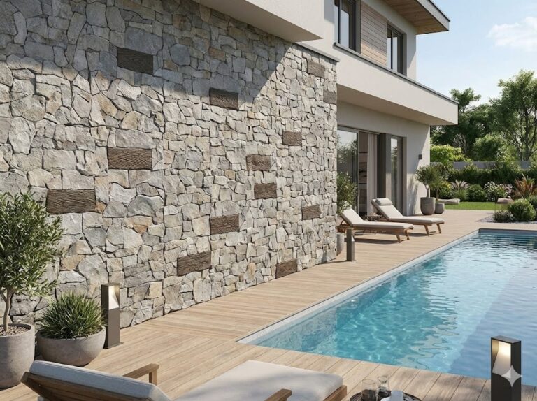 Terraza exterior con aplacado de hormigón imitación piedra gris en tonos neutros, piscina de agua azul, suelo de madera clara, tumbonas de madera y vegetación de jardín al fondo.