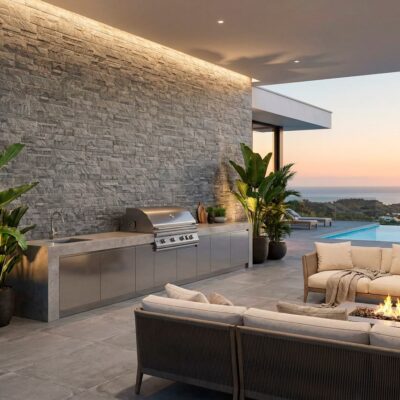 Terraza exterior de lujo con aplacado de hormigón imitación piedra gris en pared, suelo porcelánico de gran formato, zona de estar con sofás beige, cocina integrada con barbacoa, y piscina infinita con vistas al mar al atardecer.