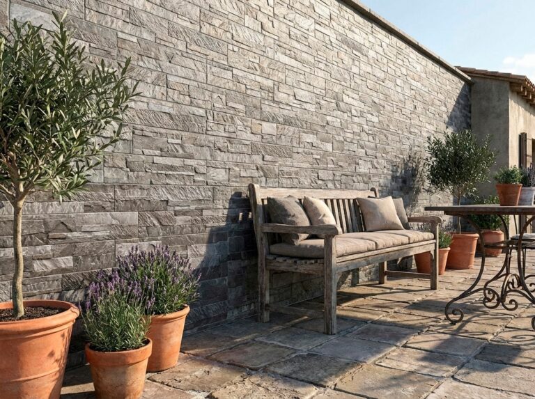 Terraza con aplacado de hormigón imitación piedra grafito en pared, pavimento de losa natural, y mobiliario de madera con cojines. Plantas en macetas de barro completan el espacio exterior.