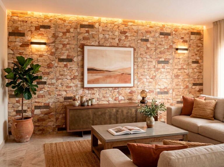 Salón con pared de revestimiento tipo piedra rústica en tonos ocre y marrón, iluminada con focos empotrados. Mueble de madera con detalles de cuero, sofá beige, mesa de centro y plantas decorativas completan el espacio de estilo cálido y natural.