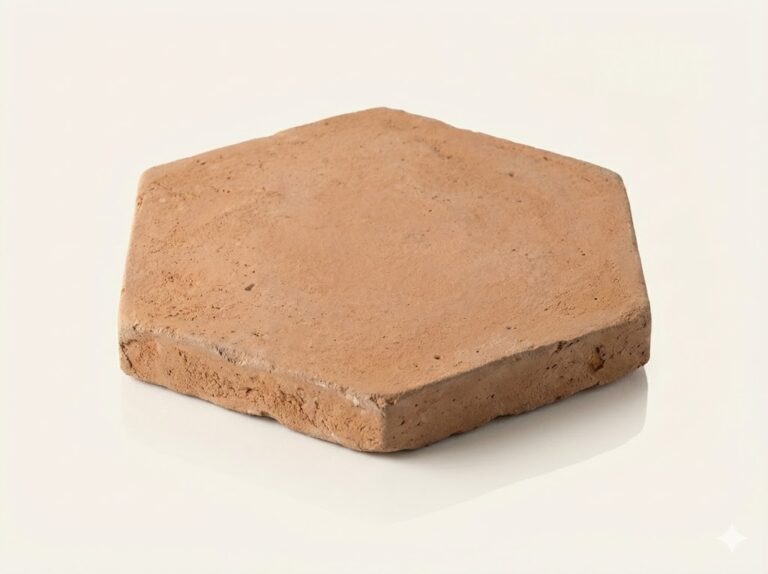 Baldosa hexagonal de barro cocido artesanal con superficie texturizada en tonos tierra cálidos. Pieza rústica con acabado mate y pequeñas irregularidades características del barro cocido.