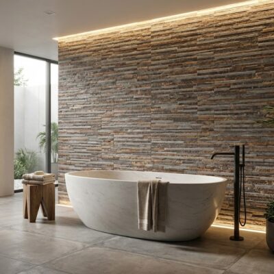 Baño contemporáneo con pared de aplacado de pizarra natural gris oscura con textura de capas, bañera exenta blanca de mármol, suelo de gres porcelánico gris claro, y accesos a terraza abierta con vegetación.