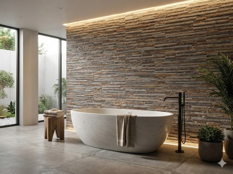 Baño contemporáneo con pared de aplacado de pizarra natural gris oscura con textura de capas, bañera exenta blanca de mármol, suelo de gres porcelánico gris claro, y accesos a terraza abierta con vegetación.
