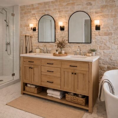 Baño rústico equipado con revestimiento de pared imitación piedra natural en tonos beige y crema. Mueble lavabo de madera con doble espejo de marco negro, azulejos cerámicos blancos en ducha, bañera blanca y suelo de gres en formato pequeño.