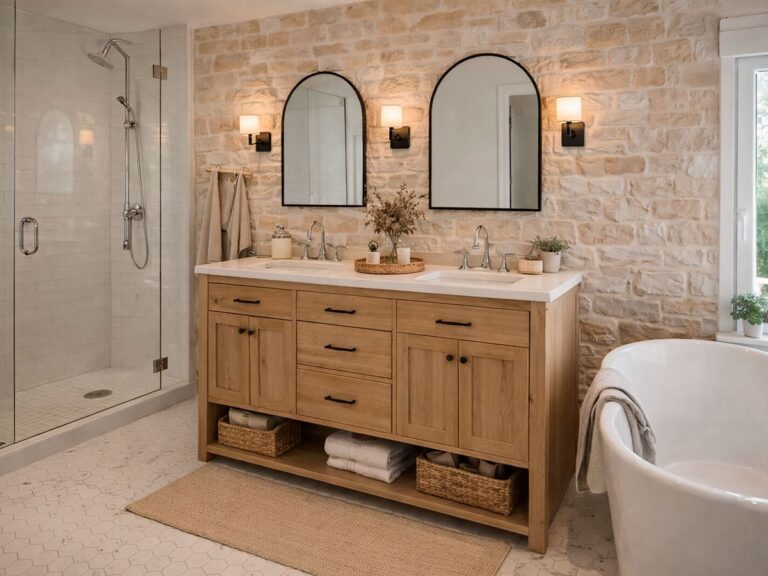 Baño rústico equipado con revestimiento de pared imitación piedra natural en tonos beige y crema. Mueble lavabo de madera con doble espejo de marco negro, azulejos cerámicos blancos en ducha, bañera blanca y suelo de gres en formato pequeño.