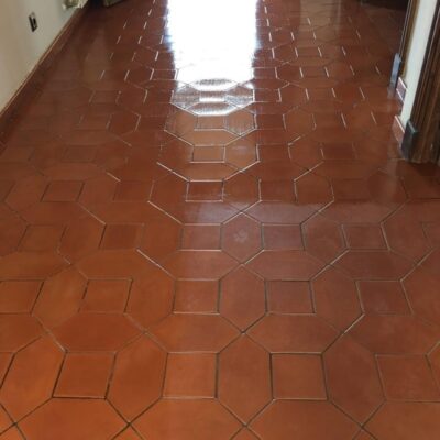 Pasillo con suelo porcelánico de acabado brillo en tonos terracota y marrón, con patrón geométrico hexagonal y rectangular. La luz natural ilumina el espacio mostrando el efecto imitación madera en las piezas.