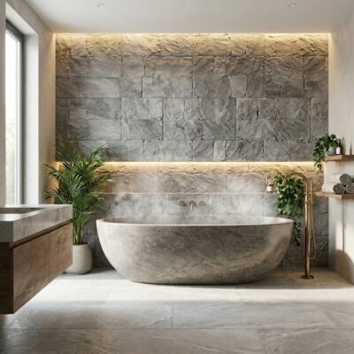 Baño contemporáneo con bañera ovalada de mármol y revestimiento de pared efecto piedra gris Cárpatos, iluminación LED integrada y plantas decorativas.