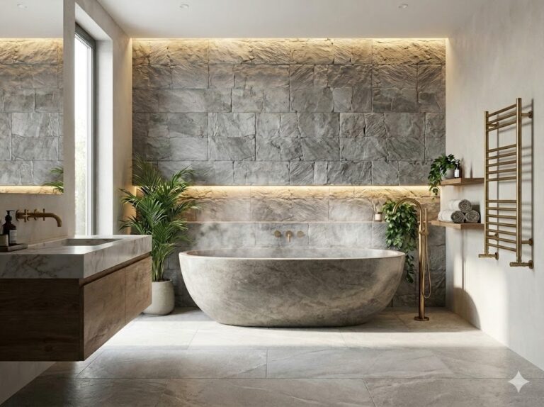 Baño contemporáneo con bañera ovalada de mármol y revestimiento de pared efecto piedra gris Cárpatos, iluminación LED integrada y plantas decorativas.