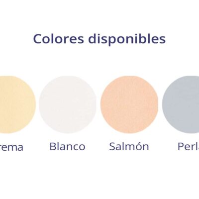 Cuatro muestras de color circulares: Crema (beige cálido), Blanco (blanco puro), Salmón (melocotón suave) y Perla (gris azulado). Cada muestra presenta acabado mate y textura uniforme para comparar opciones de color.
