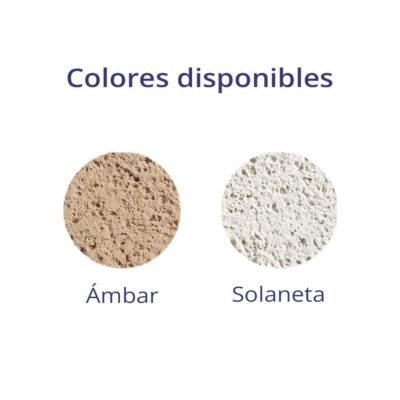 Dos muestras de revestimiento en comparación lado a lado. A la izquierda, tonalidad Ámbar en beige cálido con textura mate; a la derecha, tonalidad Solaneta en blanco claro con acabado rugoso. Ambas muestras muestran superficie porosa característica de materiales cerámicos.