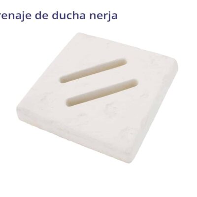 Drenaje cuadrado de color blanco con dos ranuras horizontales. Pieza de plomería diseñada para instalación en duchas.