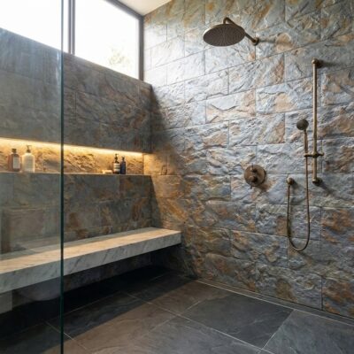 Cuarto de baño con revestimiento de pared efecto piedra gris Volterra en formato grande, plato de ducha de hormigón gris, mampara de cristal transparente y accesorios de ducha en acabado bronce oscuro.