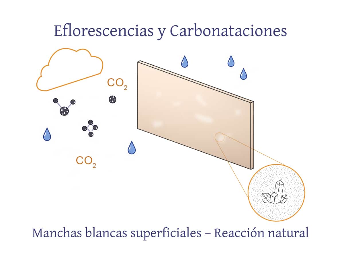 Revestimiento de hormigón con manchas blanquecinas de eflorescencias naturales.