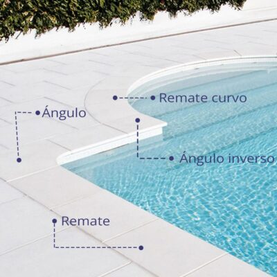 Diagrama técnico que muestra los detalles de acabado de una piscina: ángulo, remate curvo, remate recto y ángulo inverso, con líneas punteadas indicando cada componente sobre pavimento de suelo cerámico gris claro.