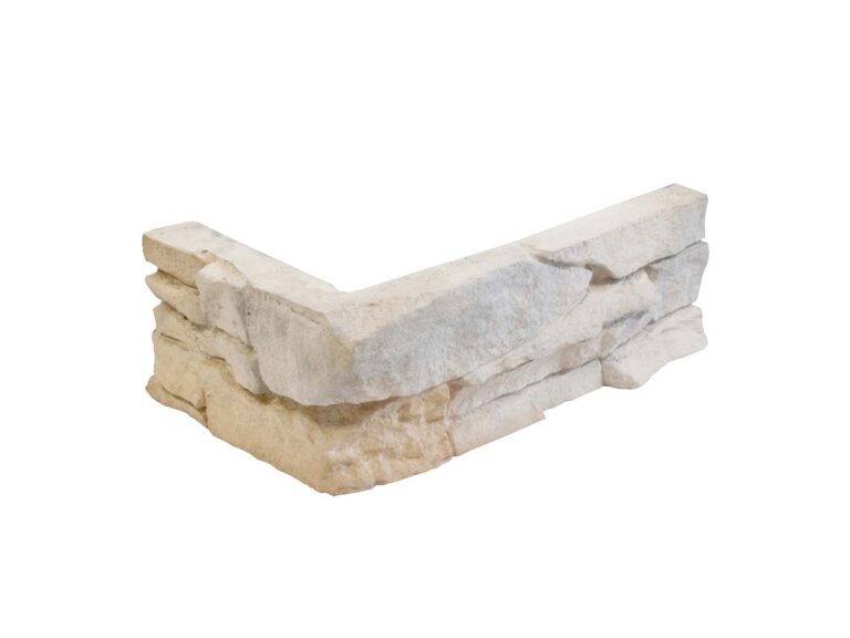 Pieza de esquina en hormigón con acabado efecto piedra natural en tonos beige y gris claro, con borde irregular y textura rústica para aplacado de pared.