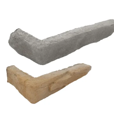 Dos piezas de aplacado hormigón esquina saliente Zurich lado a lado: superior en gris claro con textura rugosa, inferior en tono beige cálido, ambas con acabado mate y bordes redondeados.