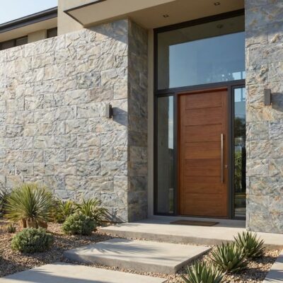 Entrada de vivienda unifamiliar con revestimiento de fachada en aplacado imitación piedra Volterra perla, tonos beige y grises. Puerta de madera maciza, grandes ventanales y paisajismo desértico con plantas xerófilas al frente.