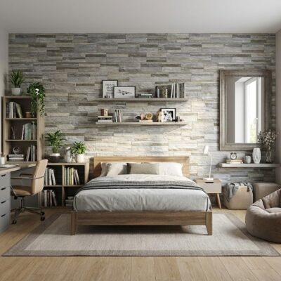 Dormitorio contemporáneo con revestimiento de pared imitación piedra Tigris en tonos grises, cama de madera, escritorio integrado, estanterías flotantes y suelo de gres de formato rectangular.