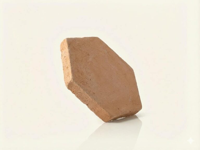 Pieza hexagonal de barro cocido artesanal con tonalidad cálida beige-tostada y superficie rústica texturizada. Formato aproximado 10x10 cm con bordes irregulares característicos del barro artesanal.