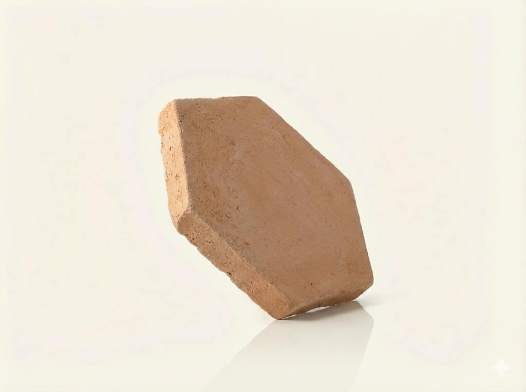 Pieza hexagonal de barro cocido artesanal con tonalidad cálida beige-tostada y superficie rústica texturizada. Formato aproximado 10x10 cm con bordes irregulares característicos del barro artesanal.
