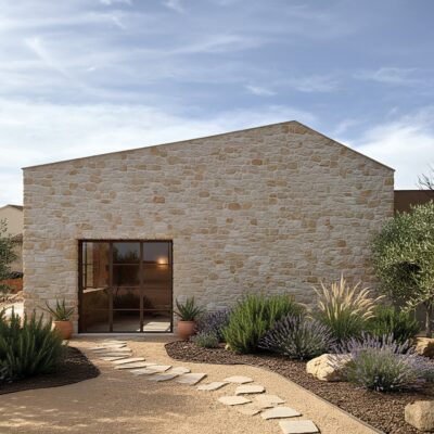 Fachada exterior de edificio moderno revestida con aplacado de piedra natural Formentera en tonos beige y crema, con entrada de puerta corredera de cristal y acristalamiento. Jardín xeriscape con plantas aromáticas y piedras decorativas en primer plano.