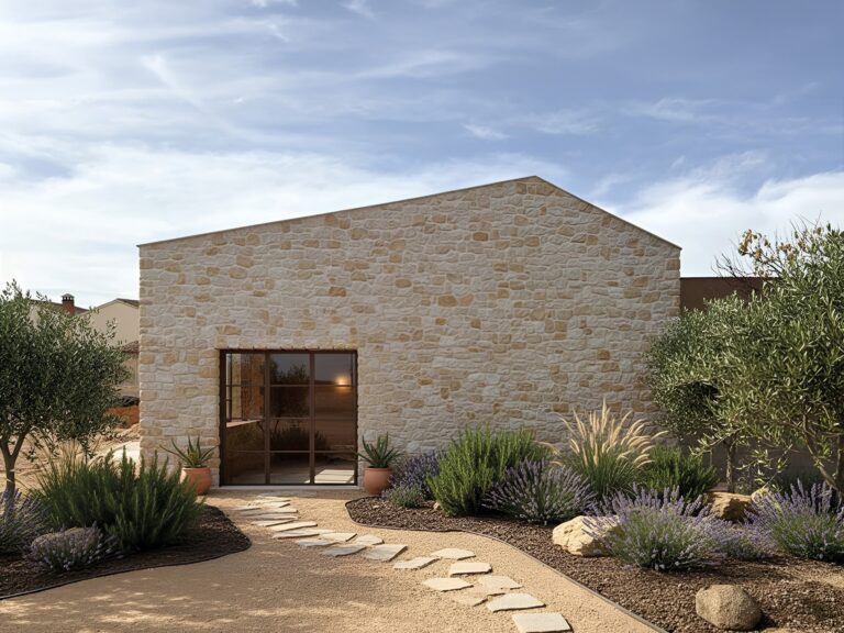 Fachada exterior de edificio moderno revestida con aplacado de piedra natural Formentera en tonos beige y crema, con entrada de puerta corredera de cristal y acristalamiento. Jardín xeriscape con plantas aromáticas y piedras decorativas en primer plano.