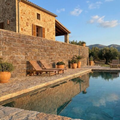 Terraza con piscina revestida con aplacado de hormigón efecto piedra en tonos marrones y beige. La fachada principal muestra el acabado rústico de piedra natural, con vegetación mediterránea y tumbonas de madera junto al agua.