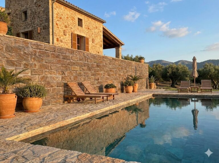 Terraza con piscina revestida con aplacado de hormigón efecto piedra en tonos marrones y beige. La fachada principal muestra el acabado rústico de piedra natural, con vegetación mediterránea y tumbonas de madera junto al agua.