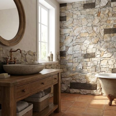 Baño con paredes revestidas en aplacado efecto piedra natural beige y tonos cálidos, suelo de barro cocido, mueble de madera maciza con lavabo de piedra, espejo redondo de madera, bañera de fundición y ventana con luz natural.