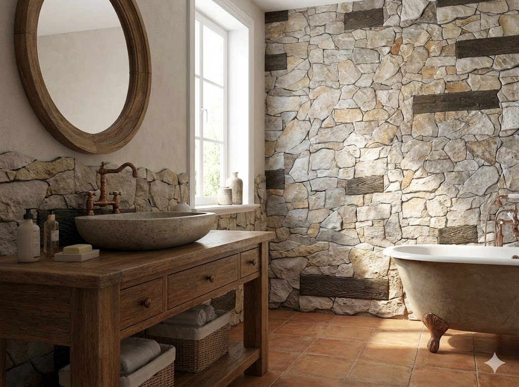 Baño con paredes revestidas en aplacado efecto piedra natural beige y tonos cálidos, suelo de barro cocido, mueble de madera maciza con lavabo de piedra, espejo redondo de madera, bañera de fundición y ventana con luz natural.