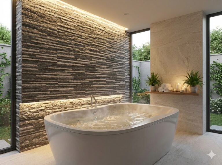Baño de diseño contemporáneo con bañera exenta blanca frente a un muro de revestimiento efecto piedra gris oscuro con iluminación empotrada. Decoración minimalista con plantas y accesorios sobre repisa flotante.