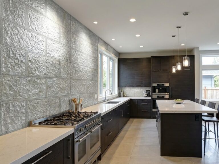 Cocina con pared de revestimiento efecto piedra gris en formato rectangular, combinada con muebles oscuros y encimera blanca. El acabado texturado en tonos grises crea una superficie de aspecto natural en toda la pared trasera, complementando la estética contemporánea del espacio.