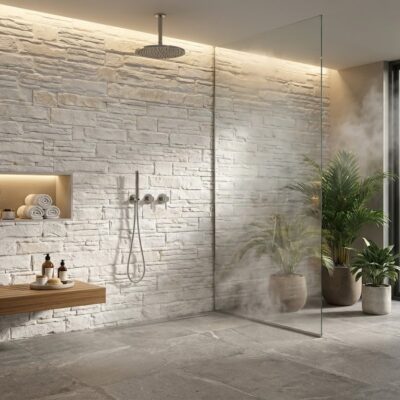 Cuarto de baño contemporáneo con revestimiento de pared efecto piedra en tonos marfil, ducha con mampara de cristal, estantería empotrada con iluminación cálida, suelo de gres porcelánico, y plantas decorativas junto a ventanal que da al exterior.