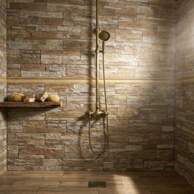 Espacio de ducha interior con paredes completamente revestidas de azulejos baño con efecto piedra en tonos beige y marrones cálidos, combinando formatos rectangulares en disposición aleatoria. Plato de ducha con gres cerámico, estantería flotante de madera y grifo dorado cromo, iluminado naturalmente por ventana lateral.