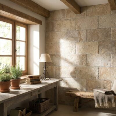 Sala con paredes revestidas de piedra natural beige en formato rectangular, vigas de madera en techo, banco de madera junto a ventana con macetas de plantas y lámpara decorativa.