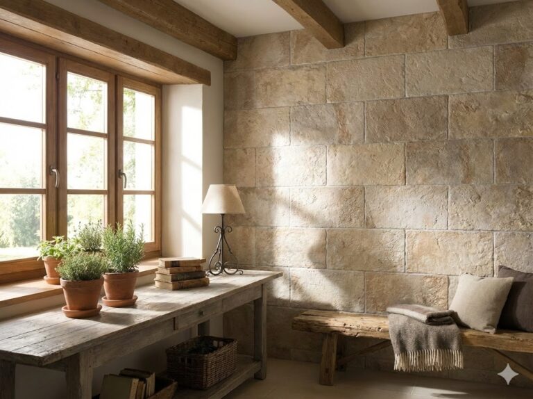 Sala con paredes revestidas de piedra natural beige en formato rectangular, vigas de madera en techo, banco de madera junto a ventana con macetas de plantas y lámpara decorativa.