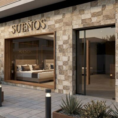 Fachada comercial revestida con piedra natural en tonos beige y gris, con entrada acristalada y display de cama tapizada visible tras el cristal.