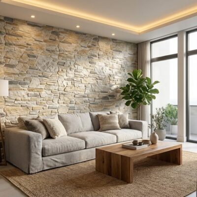 Salón contemporáneo con pared de aplacado imitación piedra jaca en tonos crema y beige, sofá tapizado gris claro, mesa de madera clara y grandes ventanales con vistas al exterior.